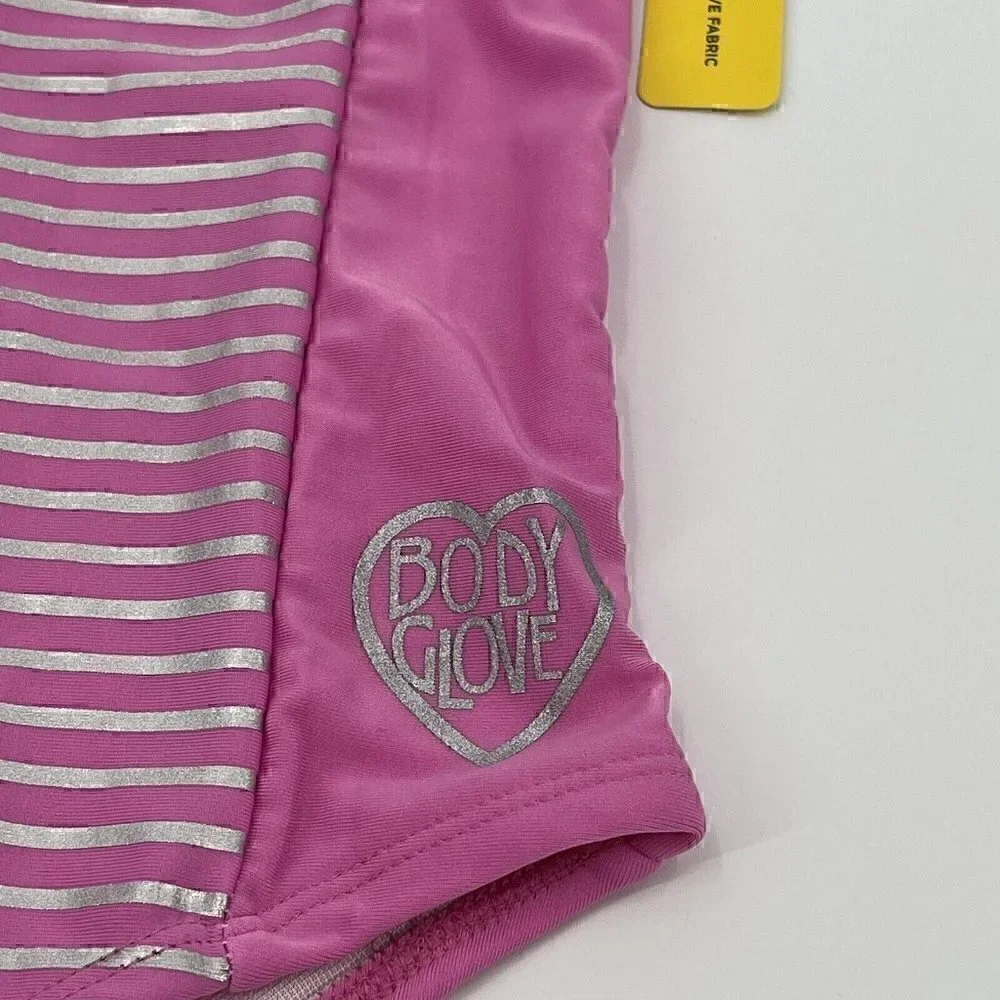 NEW Body Glove Swimsuit UPF 50 One Piece Girls Size 12 Striped Pink Silver